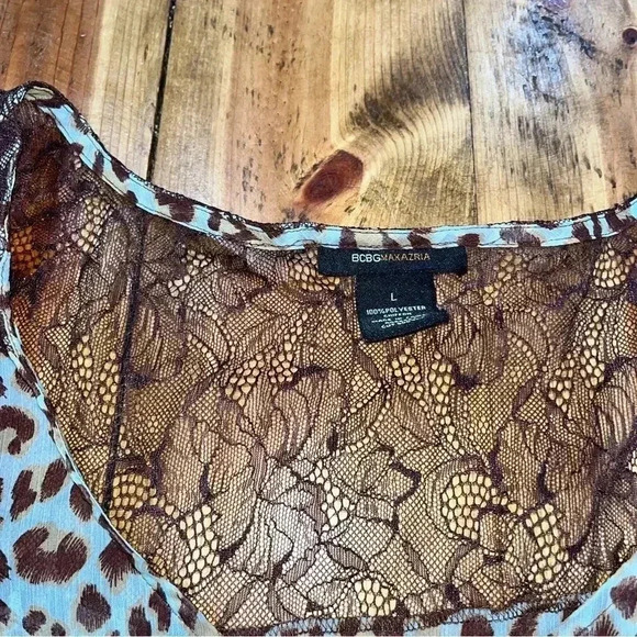 BCBG MAXAZRIA SHEER LEOPARD PRINT BLOUSE,  CINCHED WAIST LACE EMBELLISHMENTS - Picture 8 of 11